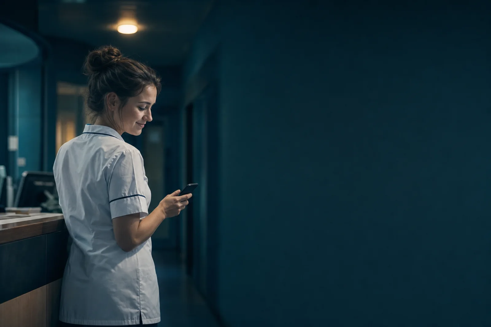 Pflegekraft am Stationstresen bei Nacht, lächelt auf ihr Smartphone