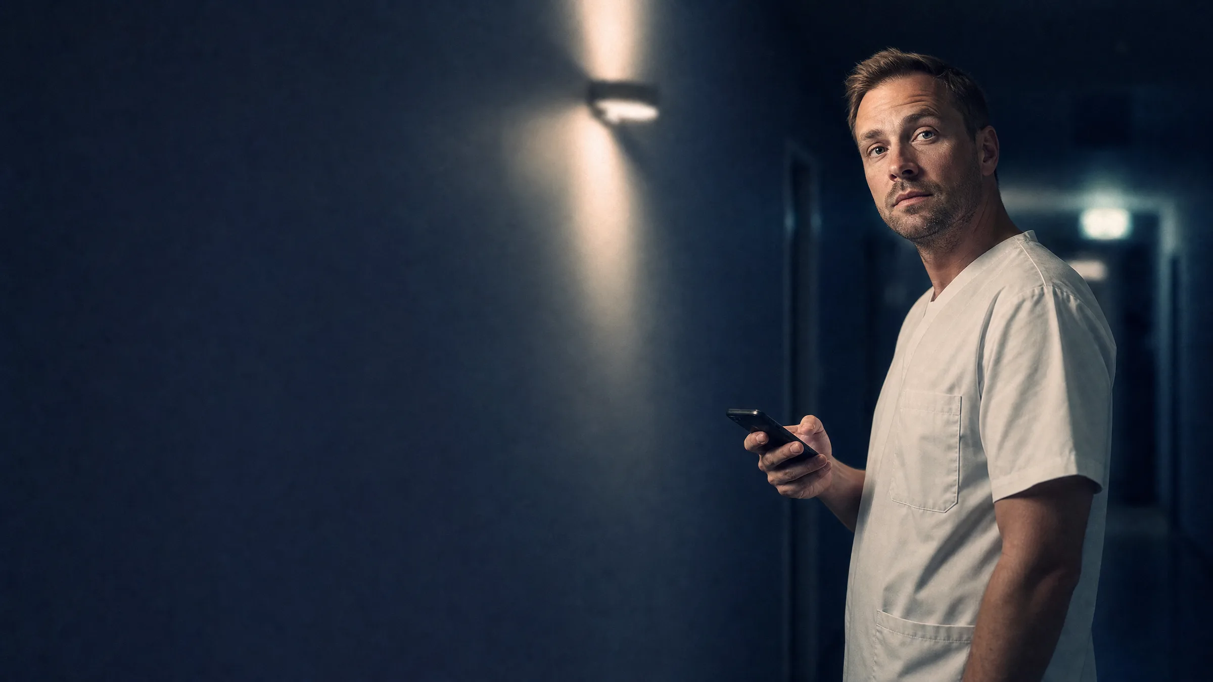Pfleger im Nachtdienst mit dem Telefon in der Hand in einem stillen Flur