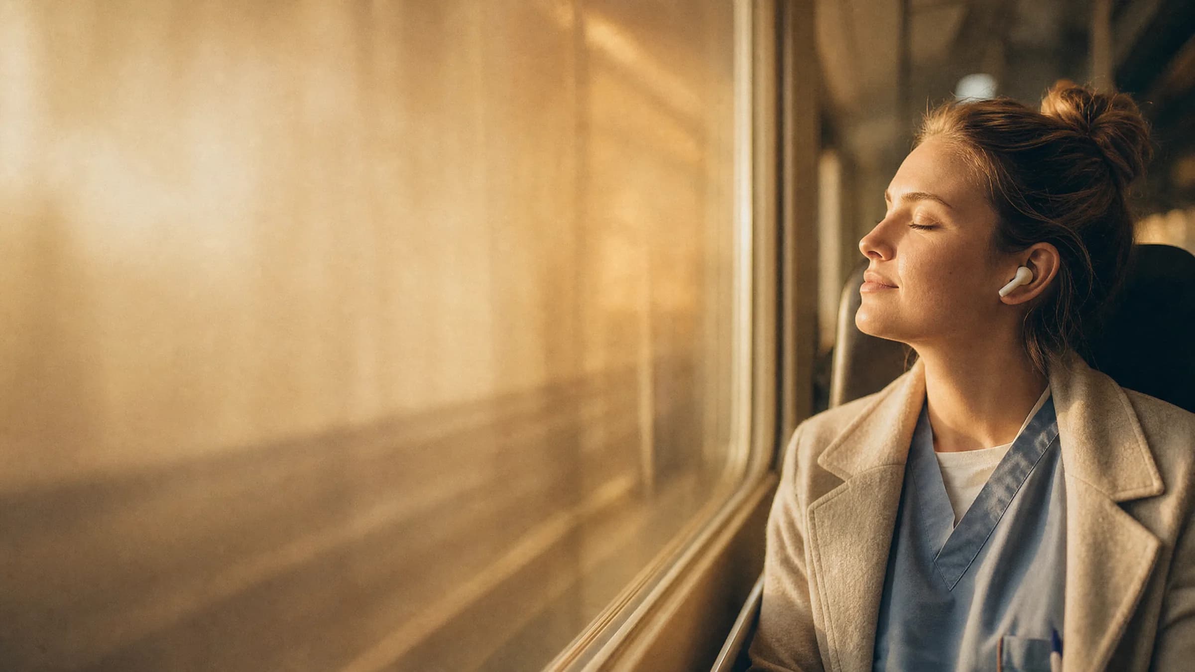 Junge Pflegekraft mit Kopfhörern am Zugfenster im Morgenlicht, die Augen geschlossen