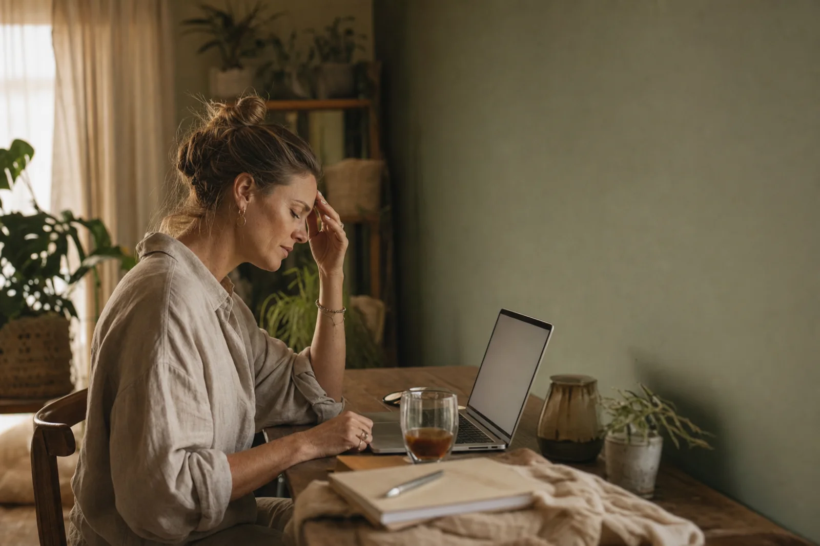 Coachin abends am Schreibtisch vor dem Laptop, Hand an der Stirn, eine kalte Tasse Tee