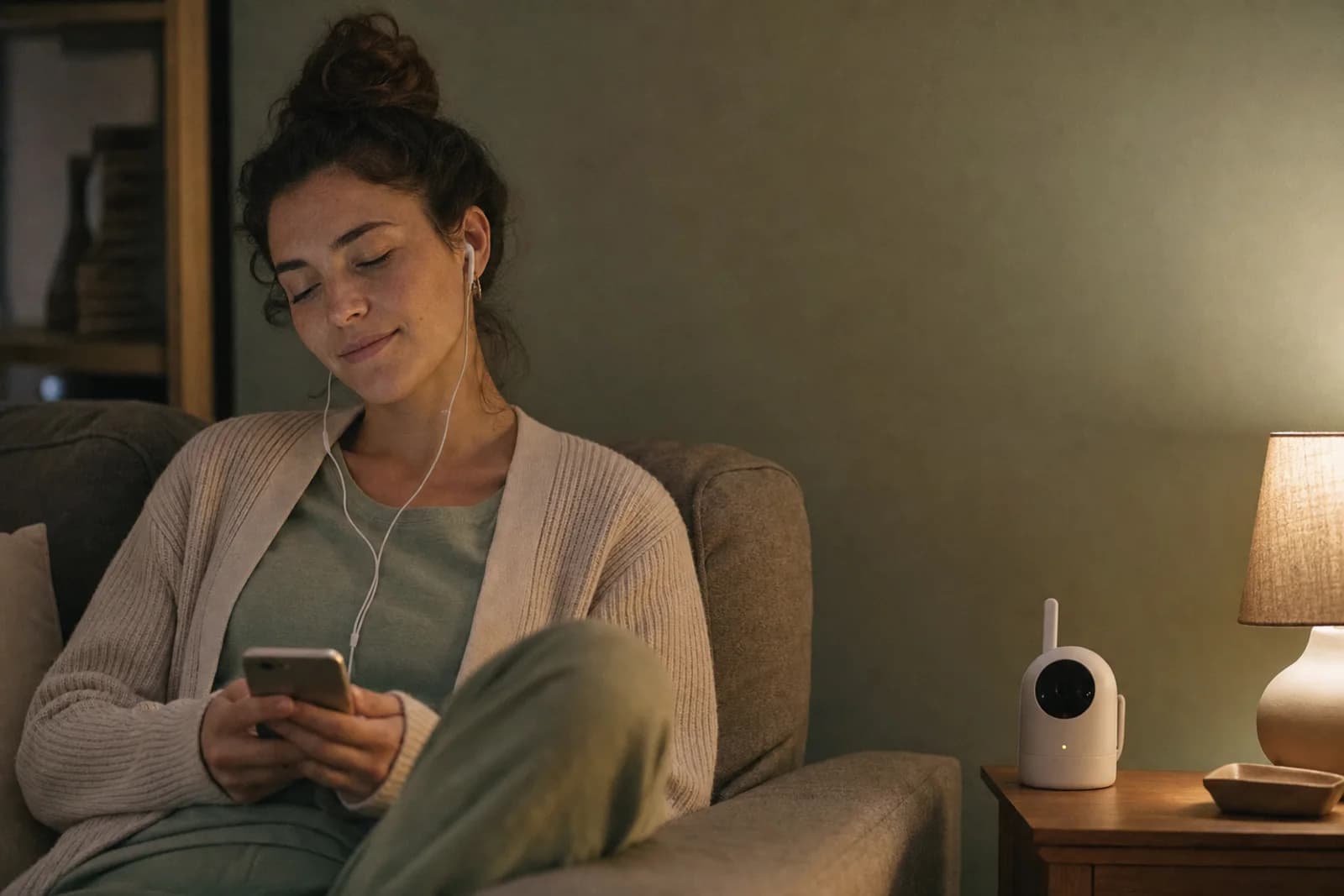 Junge Mutter nachts auf dem Sofa mit Handy und Ohrhörern, Babyphone daneben, müde und dankbar