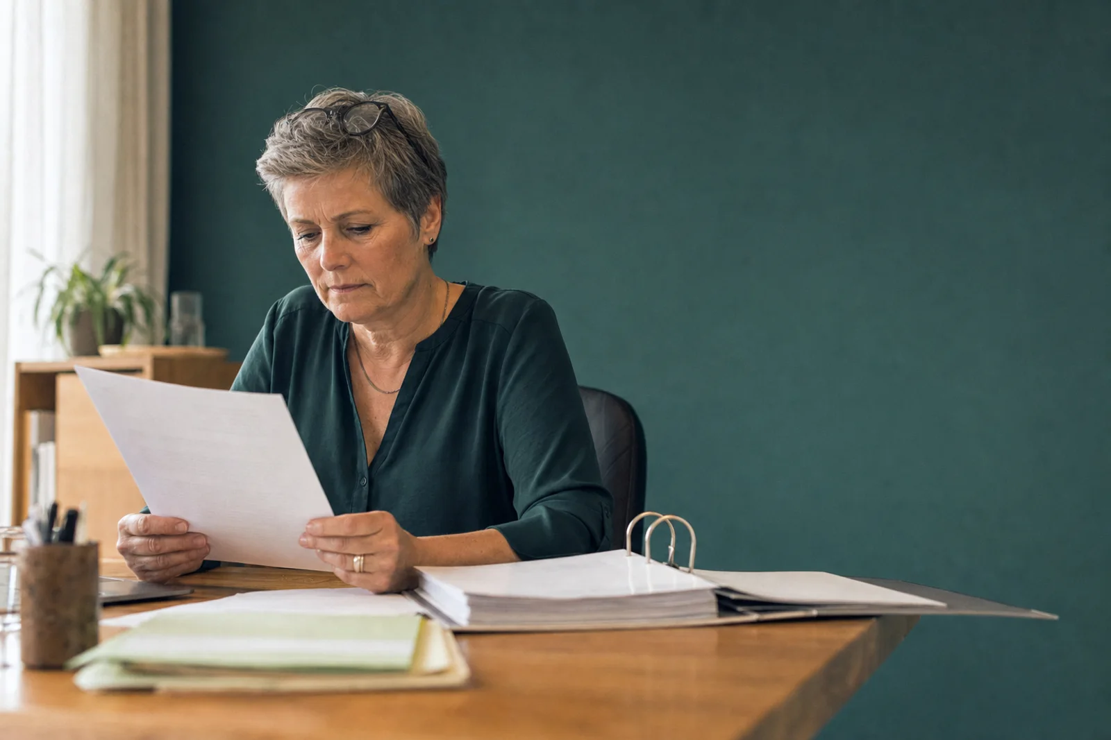 Qualitätsbeauftragte liest an ihrem Schreibtisch ein amtliches Schreiben, daneben ein aufgeschlagener Ordner
