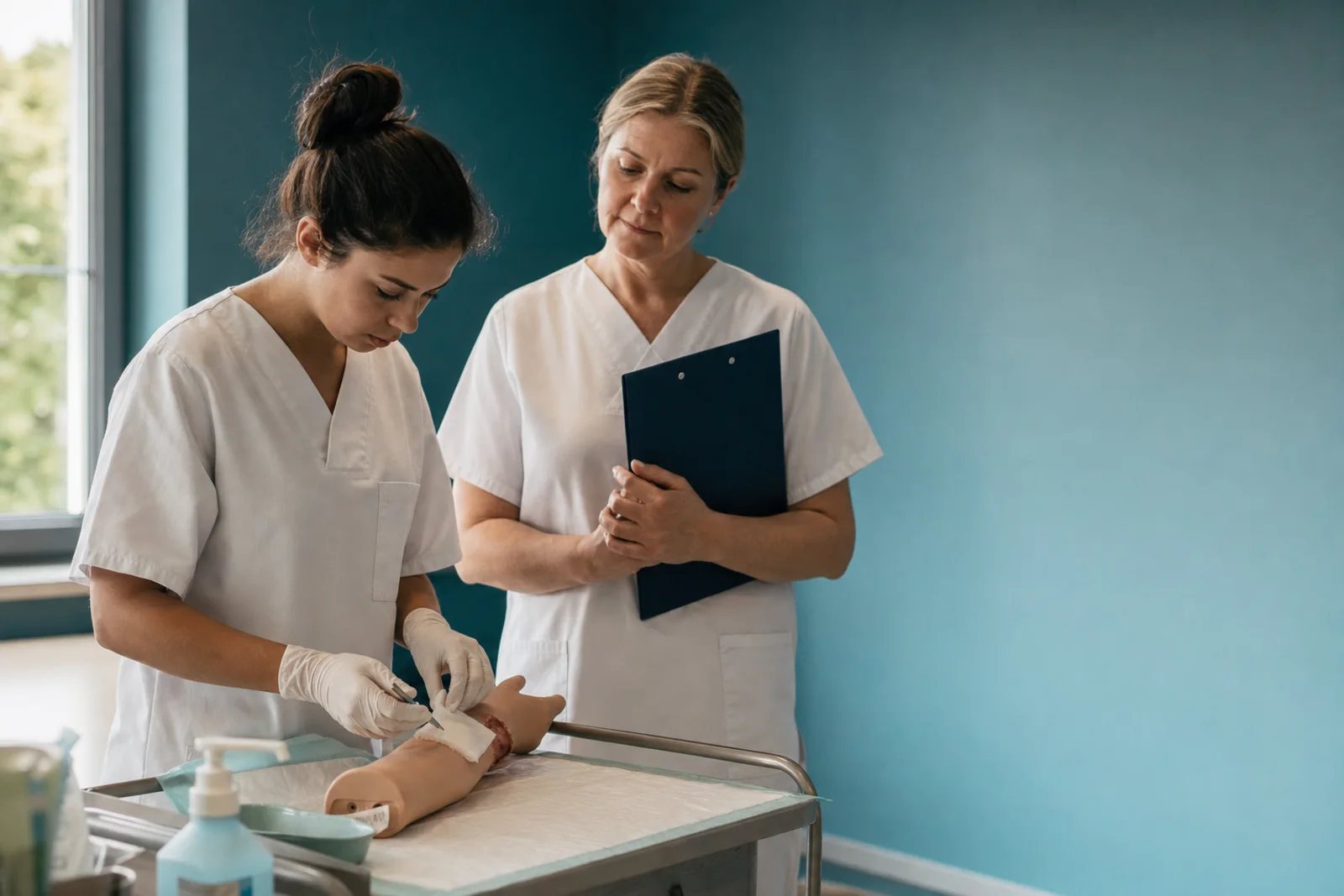 Praxisanleiterin mit Klemmbrett beobachtet eine Pflegekraft beim Verbandswechsel an einem Übungsarm
