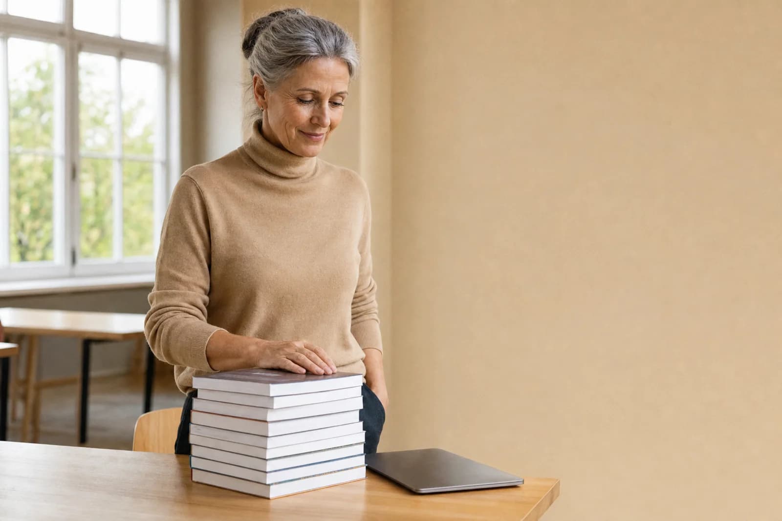 Akademieleiterin steht an einem Tisch mit sechs gestapelten Fachbüchern und einem geschlossenen Laptop