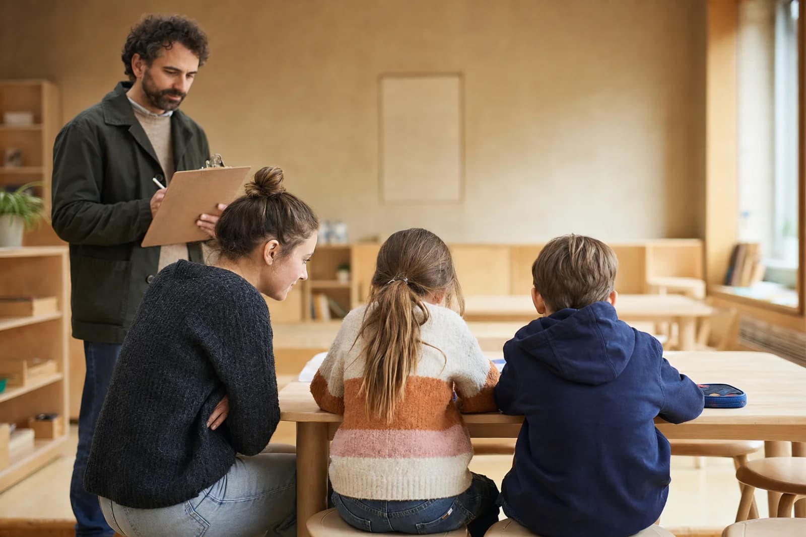 Mentorin mit Klemmbrett beobachtet eine junge Ganztagskraft, die neben zwei Kindern am Hausaufgabentisch kniet