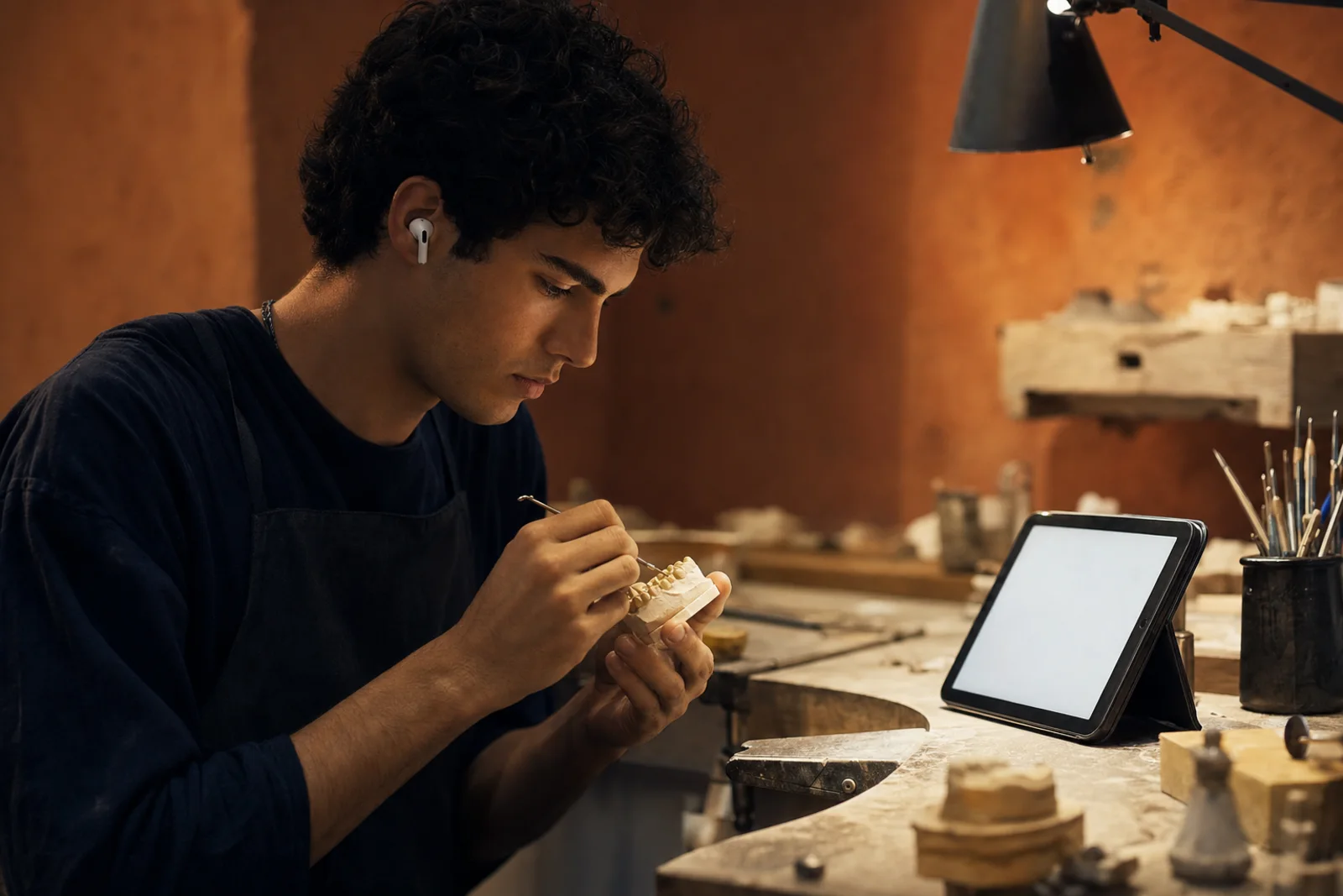 Azubi an der Werkbank mit aufgestelltem Tablet, ein Ohrhörer, ein Modell in der Hand