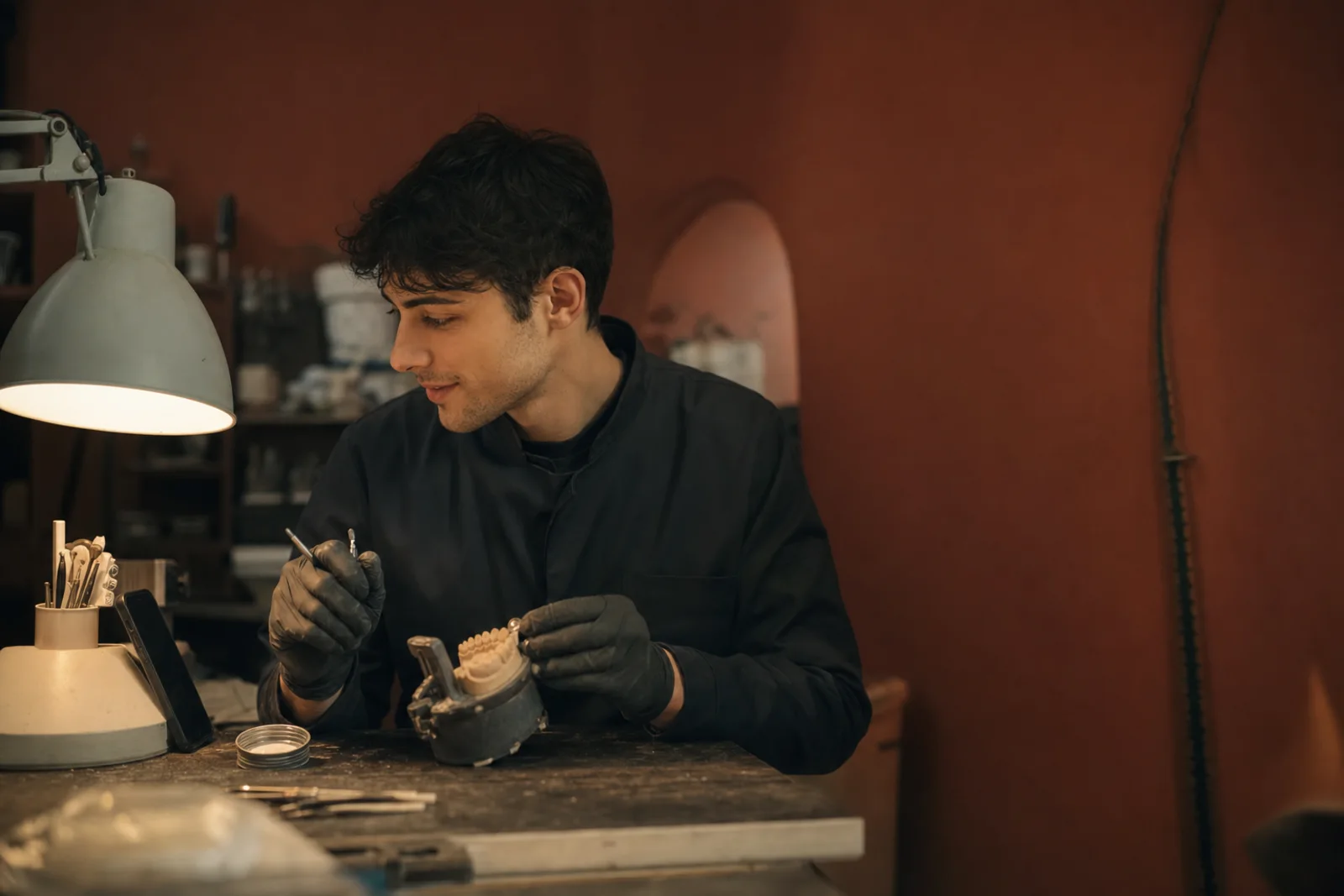 Azubi mit Handschuhen an der Werkbank wirft einen schnellen Blick auf sein Handy an der Lampe