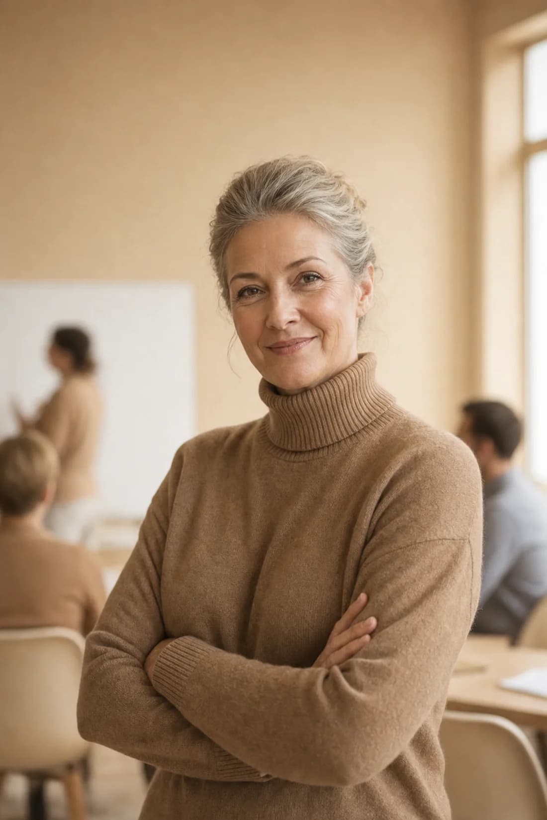 Leiterin einer Akademie mit verschränkten Armen in einem sandfarbenen Seminarraum